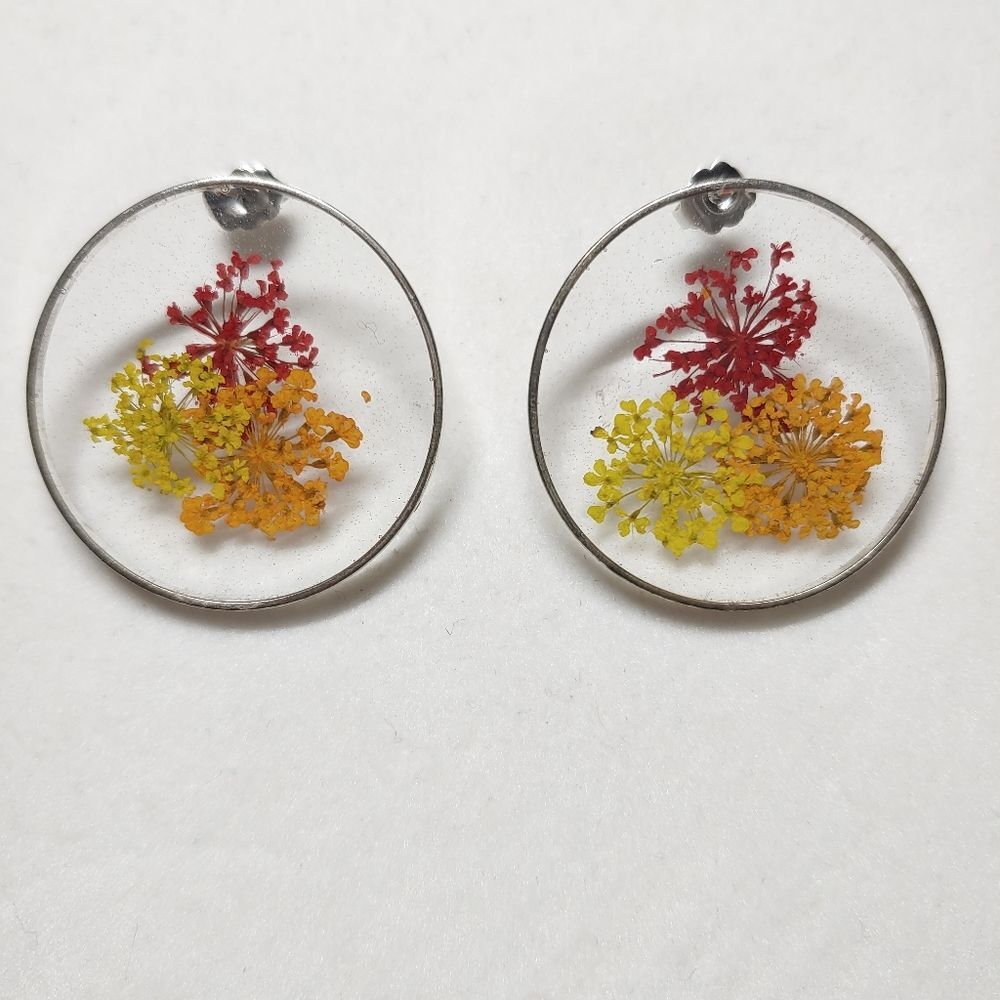 Earrings Red, Yellow & Orange Dried Flowers - Picture 1 of 3